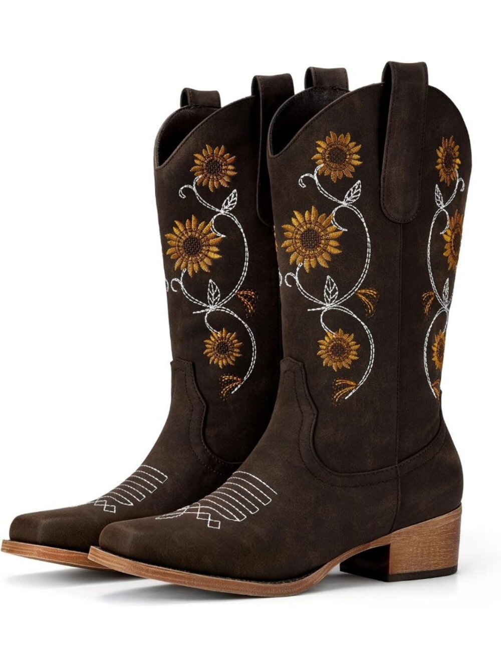 Mid Calf Floral Embroidered Cowboy Boots for Women - Retro Square Toe, Perfect - Picture 5 of 6
